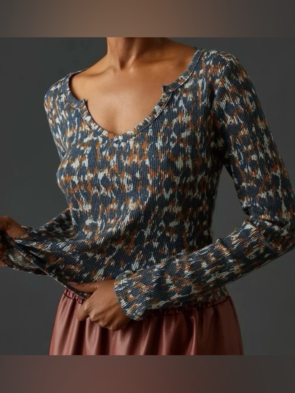 🧺ANTHROPOLOGIE Pilcro Notched Waffle Knit Long Sleeve Top - XS - NWT
